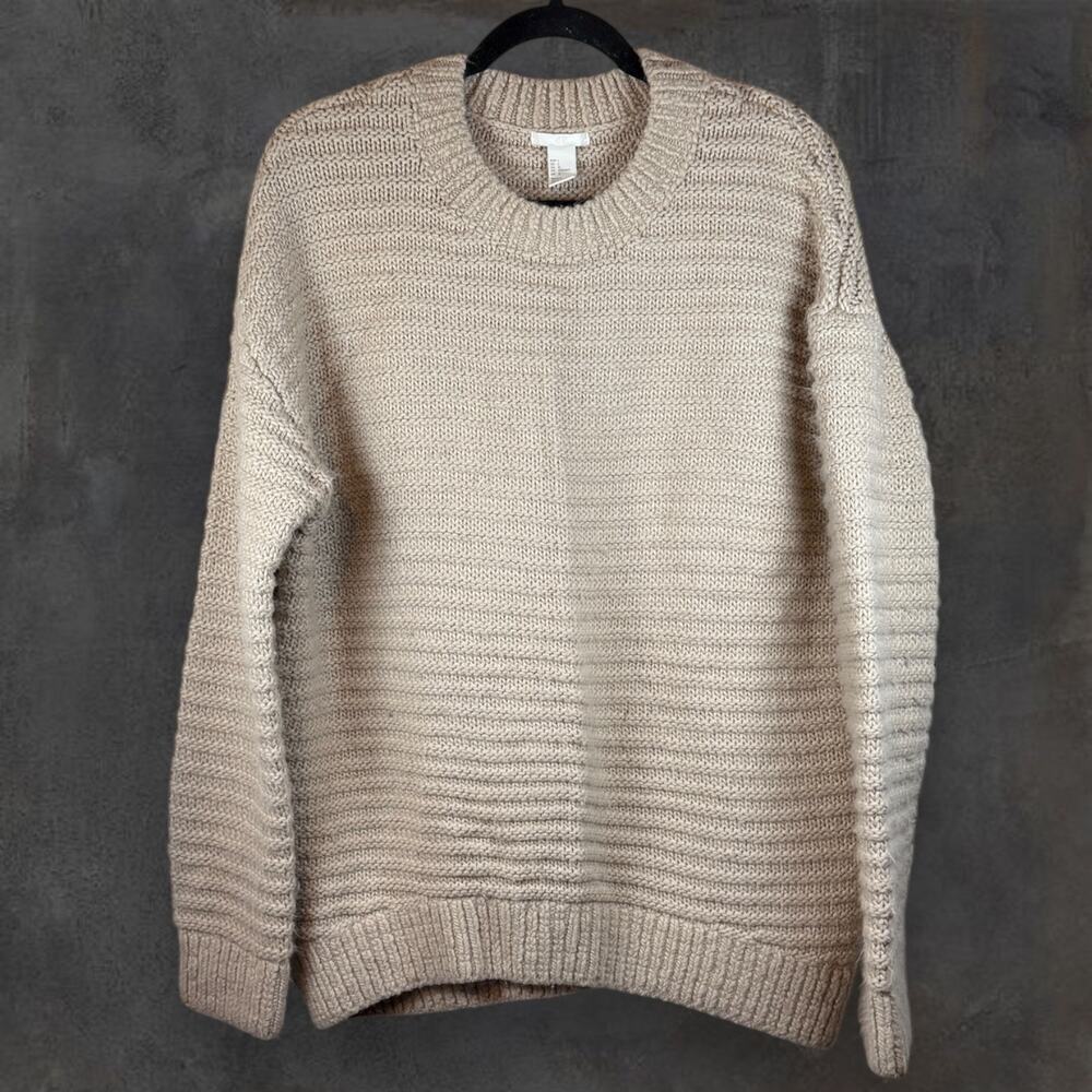 H&M Beige Oversized Chunky Waffle Knit Pullover Sweater Crew Neck Women's L